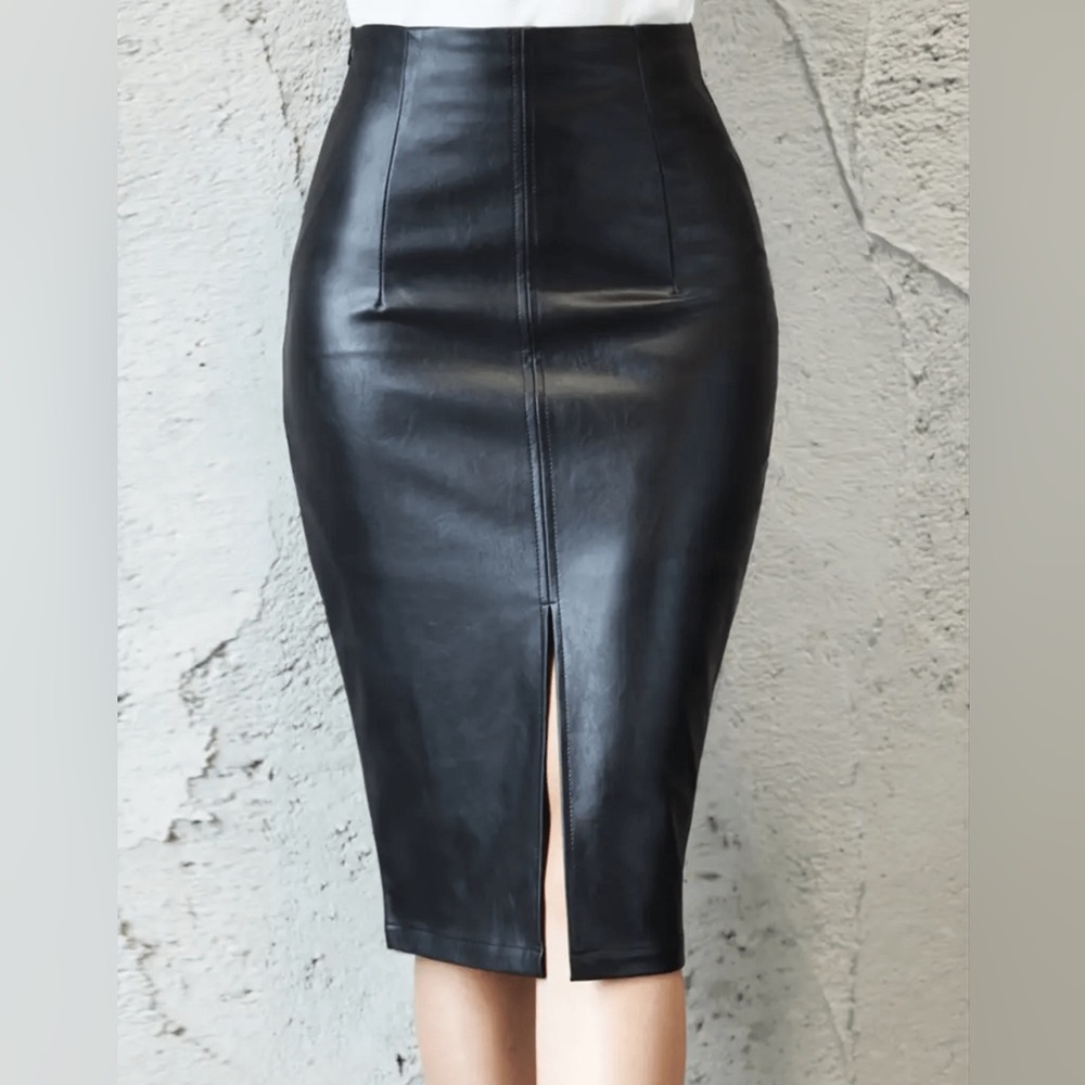 Women’s Sleek Faux Leather Pencil Skirt Front Slit Knee Length Size XS–XXL
